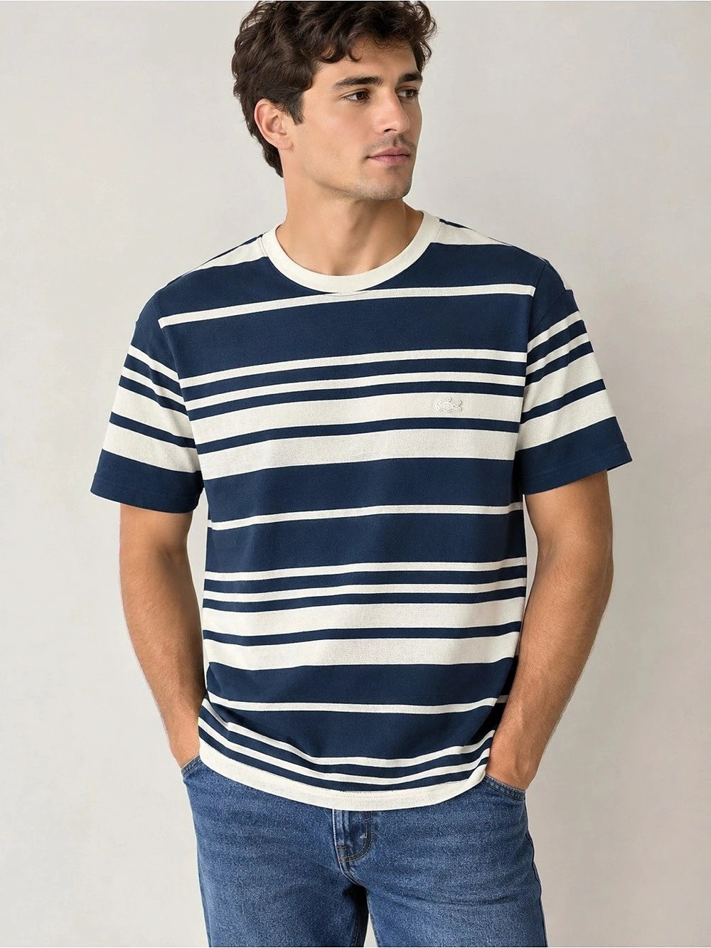 Lacoste Striped Cotton Tee in Blue & Cream Size Large
